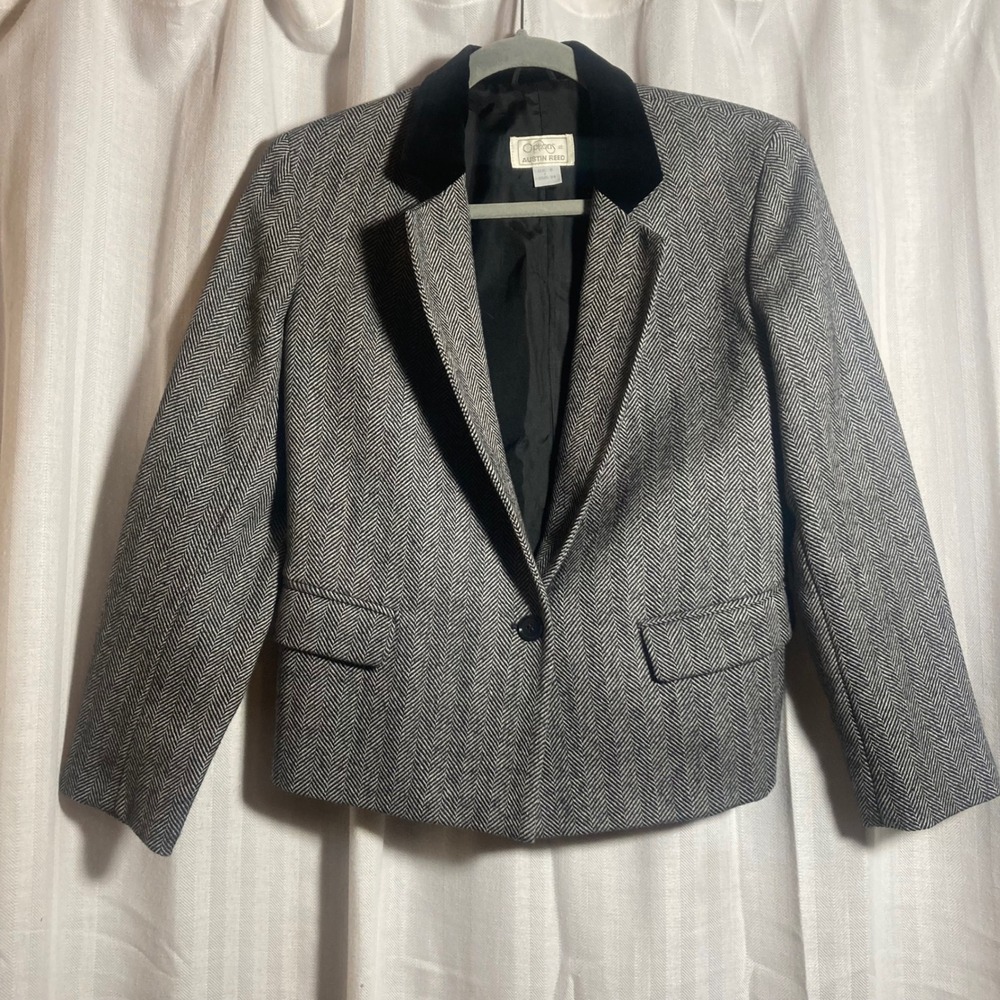 Austin Reed Options Pure New Wool Herringbone‎ Blazer Velvet Collar Grey Black S